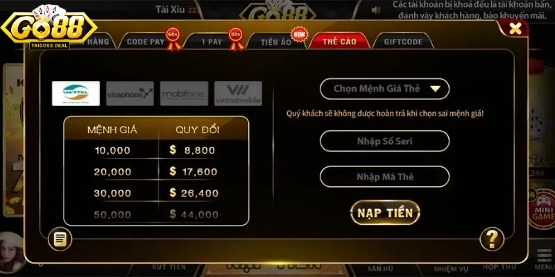 Nạp tiền tài khoản Go88 nhanh chóng qua thẻ cào điện thoại