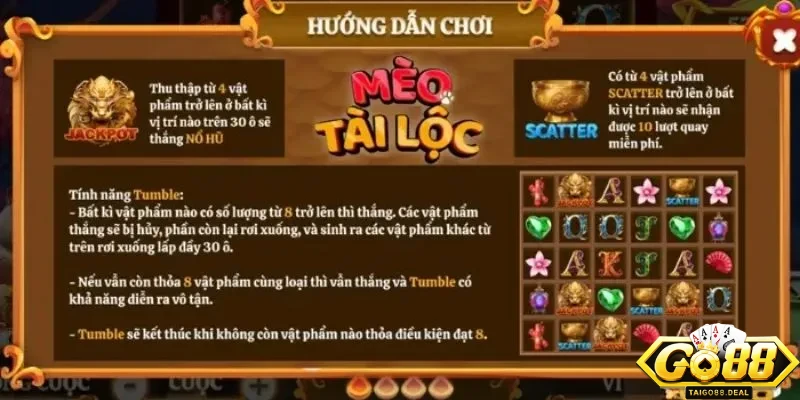 Thao tác tham gia game quay hũ Mèo Tài Lộc Go88